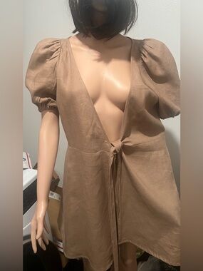 Brown Puff Sleeve Tie-Front Linen Mini Dress by REFORMATION